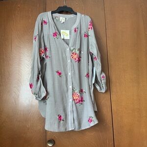 Fig & Flower NWT Floral Embroidered Boho Button-Up Tunic Perfect for Layering 1X